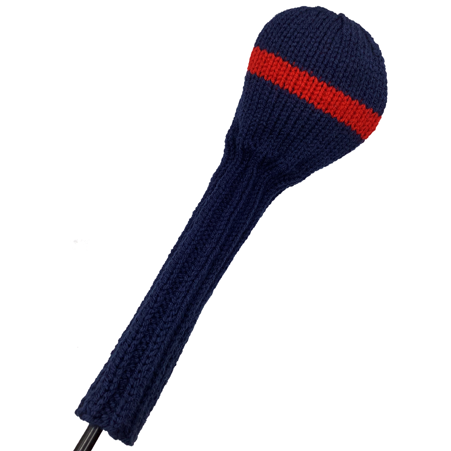 Driver golf club headcover in navy blue with one red stripe.