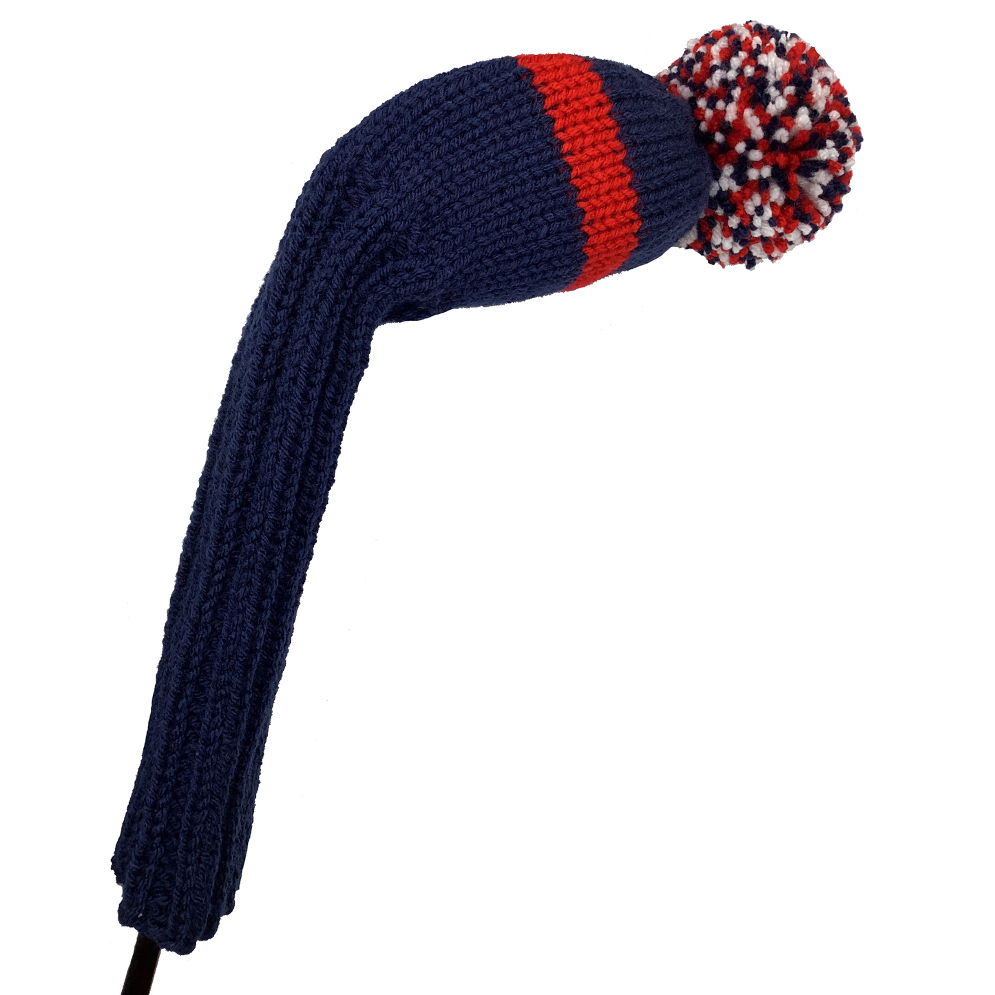 Driver golf club headcover in navy blue with one red stripe and a red, navy and white pom-pom..
