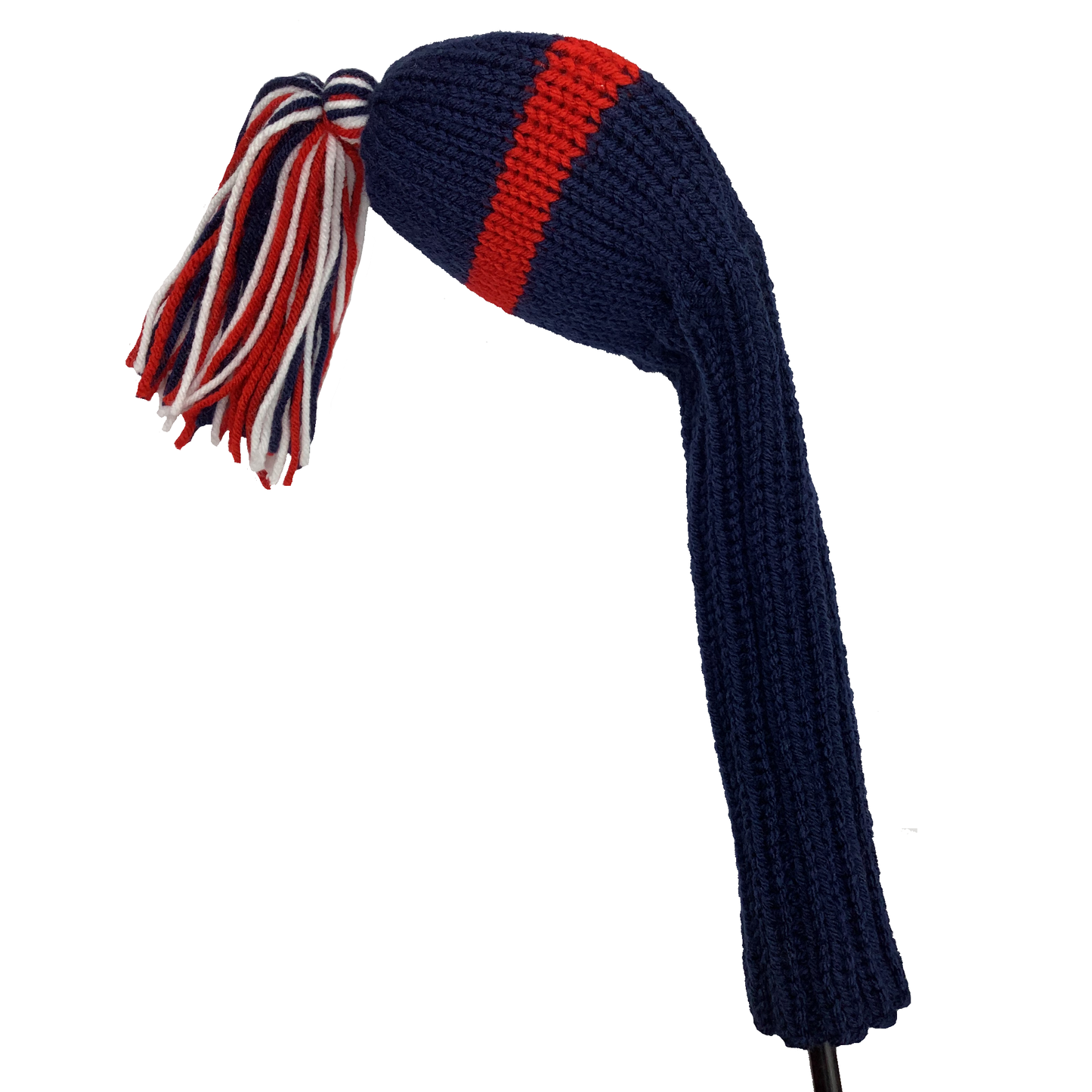 Driver golf club headcover in navy blue with one red stripe and a red, navy and white tassel.