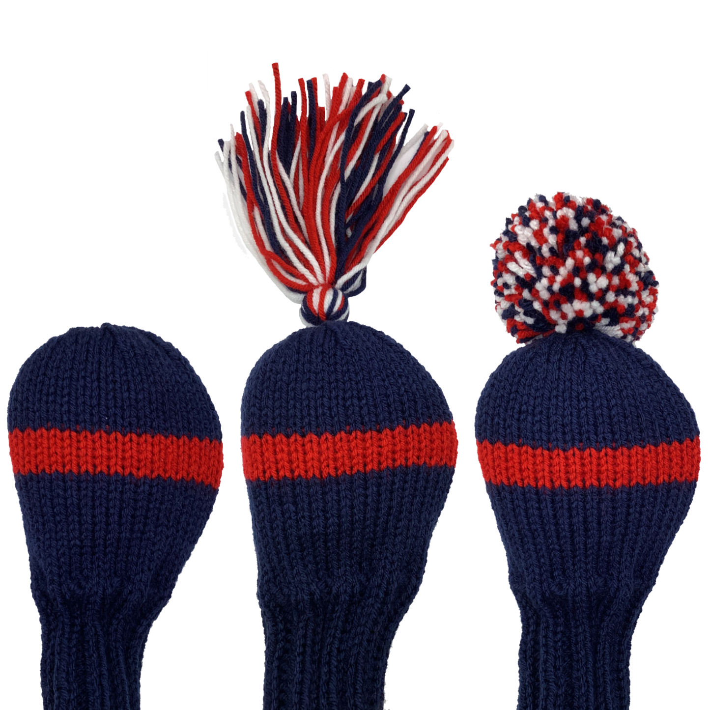 Driver golf club headcovers in navy blue with one red stripe and the option of adding a red, navy and white tassel or pom-pom.