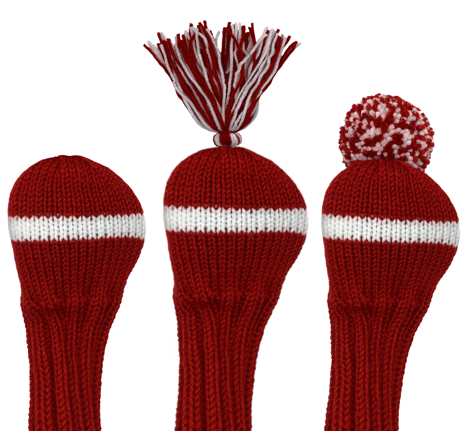 Classic style driver golf club headcover in red with one wide white stripe and a 10" shaft portion. Choose topper style: none, tassel or pom-pom.