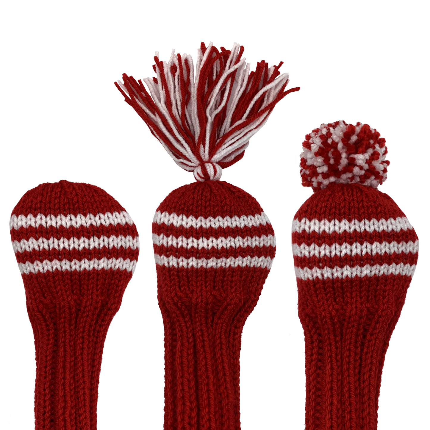 Classic style 3 wood golf club headcover in red with three white stripes and an 8" shaft portion. Choose topper style: none, tassel or pom-pom.