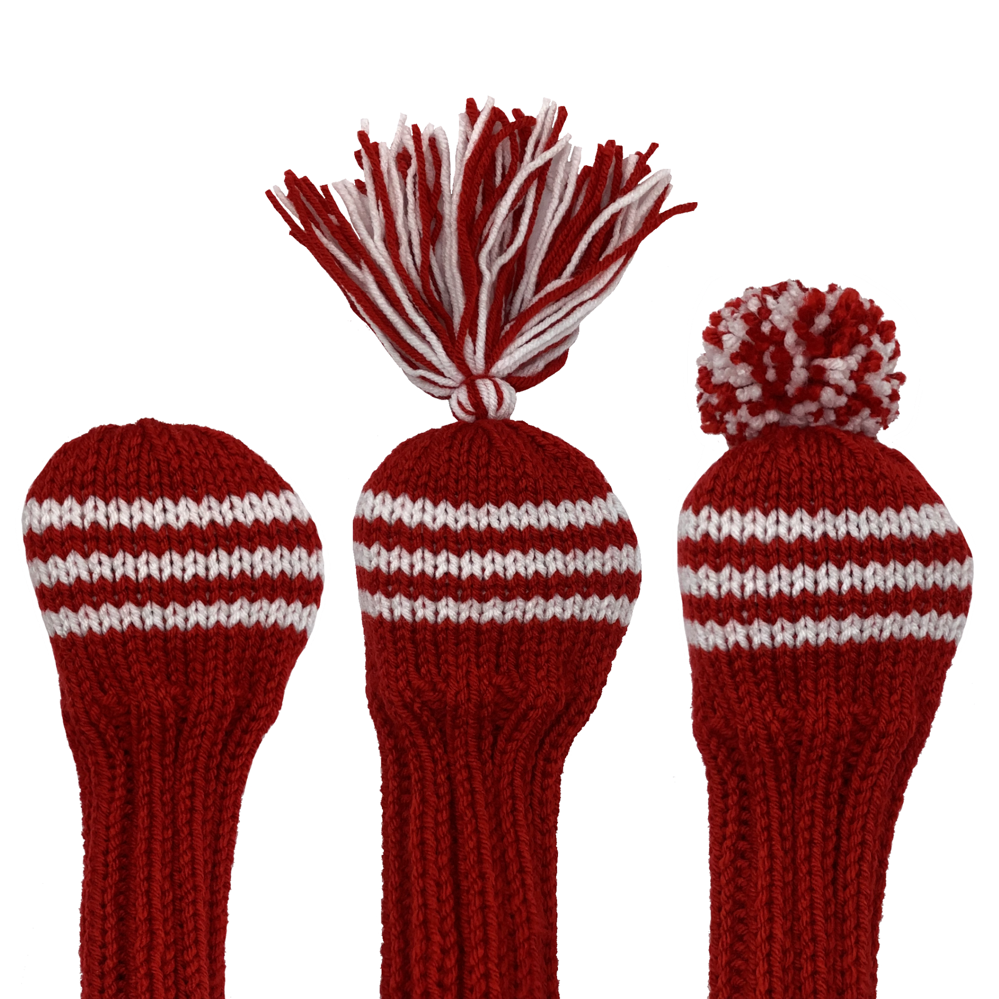 Classic style 3 wood golf club headcover in red with three white stripes and an 8" shaft portion. Choose topper style: none, tassel or pom-pom.