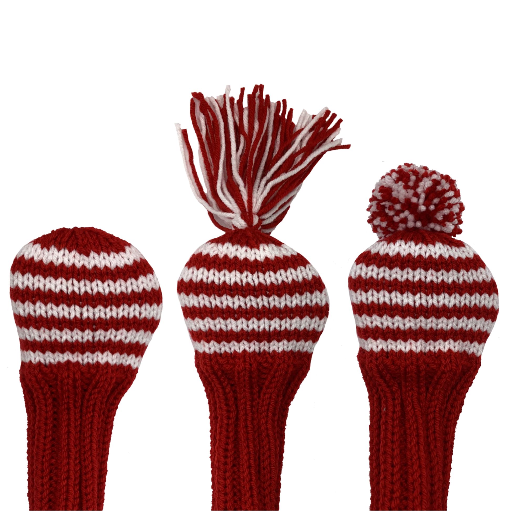 Classic style 5 wood golf club headcover in red with five white stripes and an 8" shaft portion. Choose topper style: none, tassel or pom-pom.