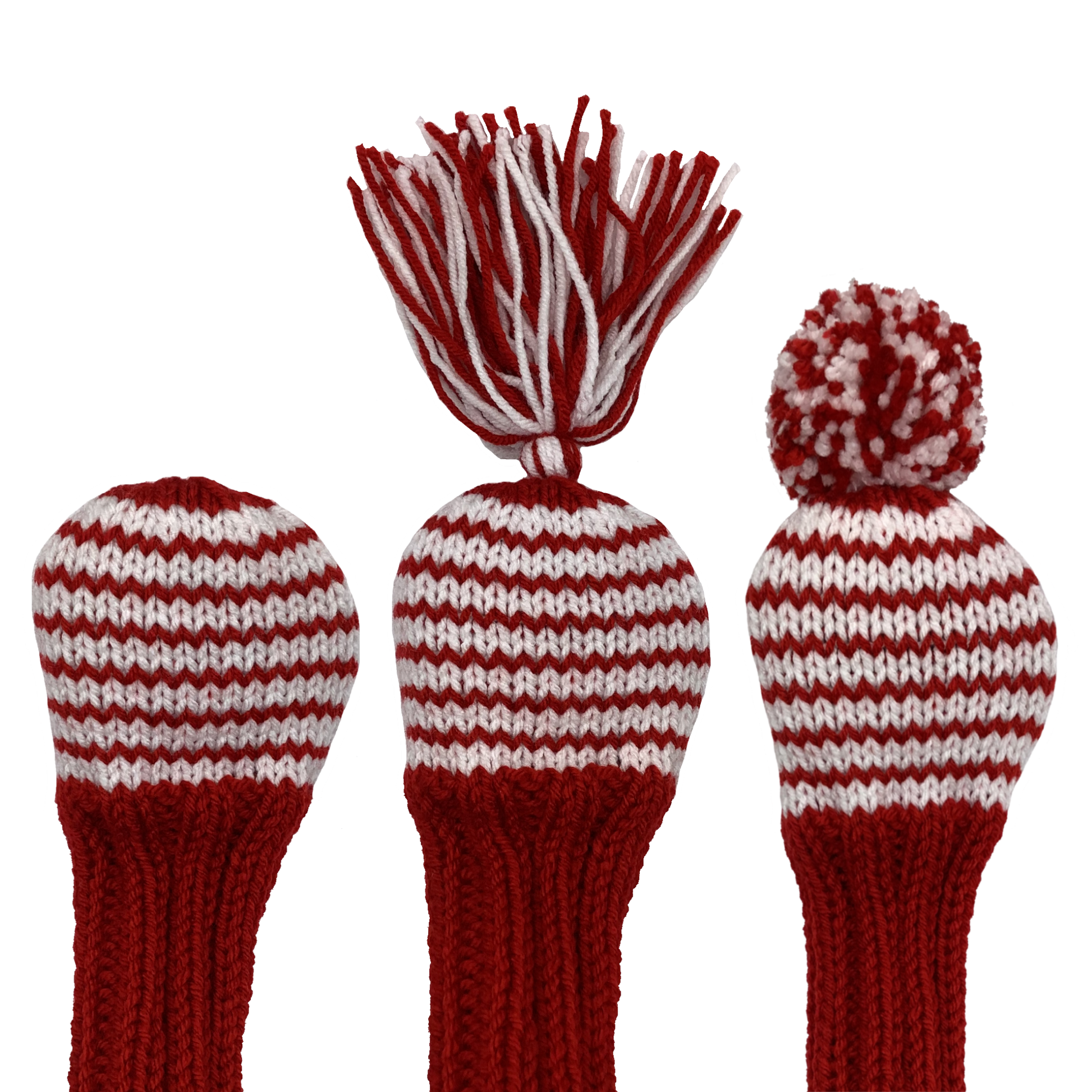 Classic style 7 wood golf club headcover in red with seven white stripes and an 8" shaft portion. Choose topper style: none, tassel or pom-pom.