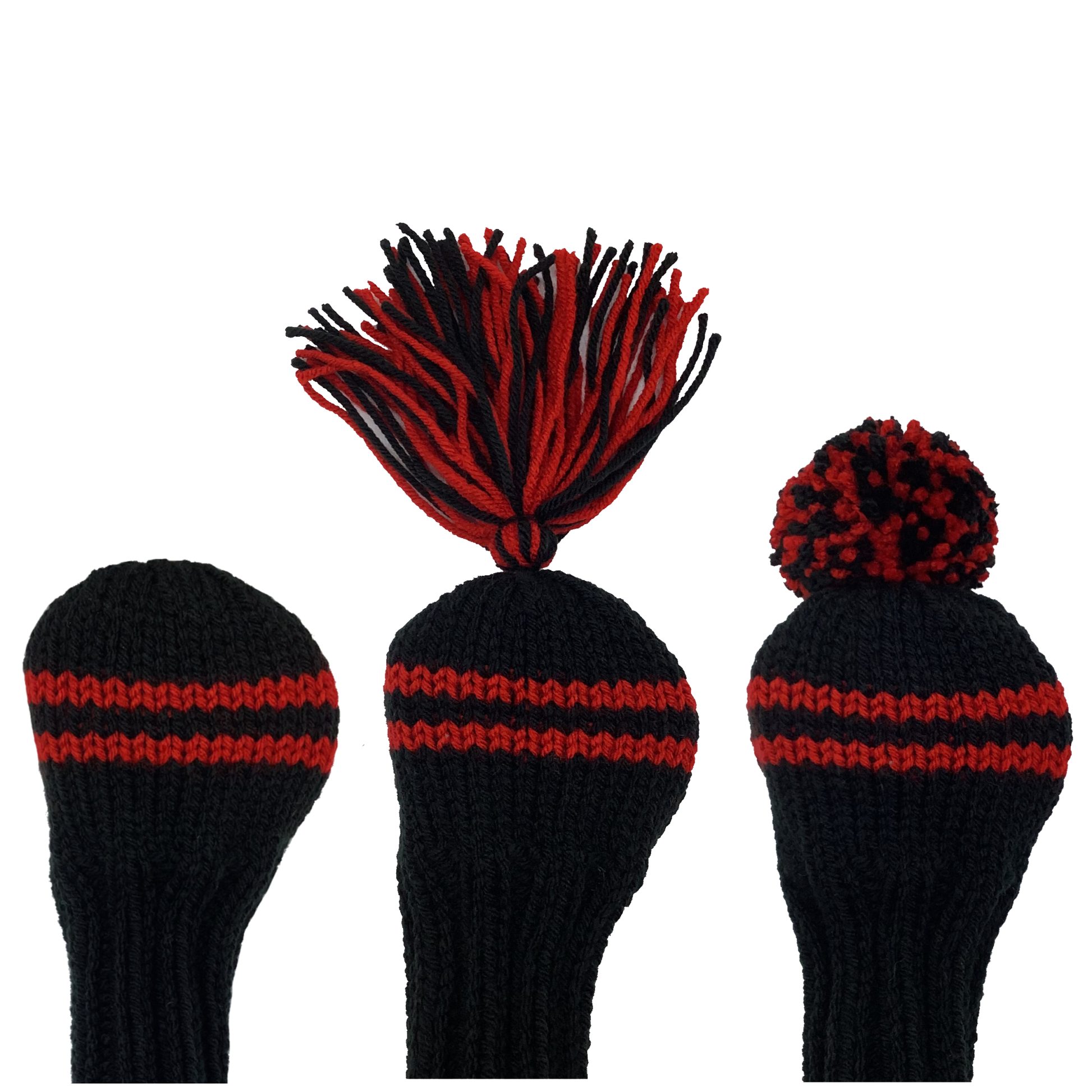 Classic style fairway wood golf club headcover in black with two red stripes and an 8" shaft portion. Choose topper style: none, tassel or pom-pom.