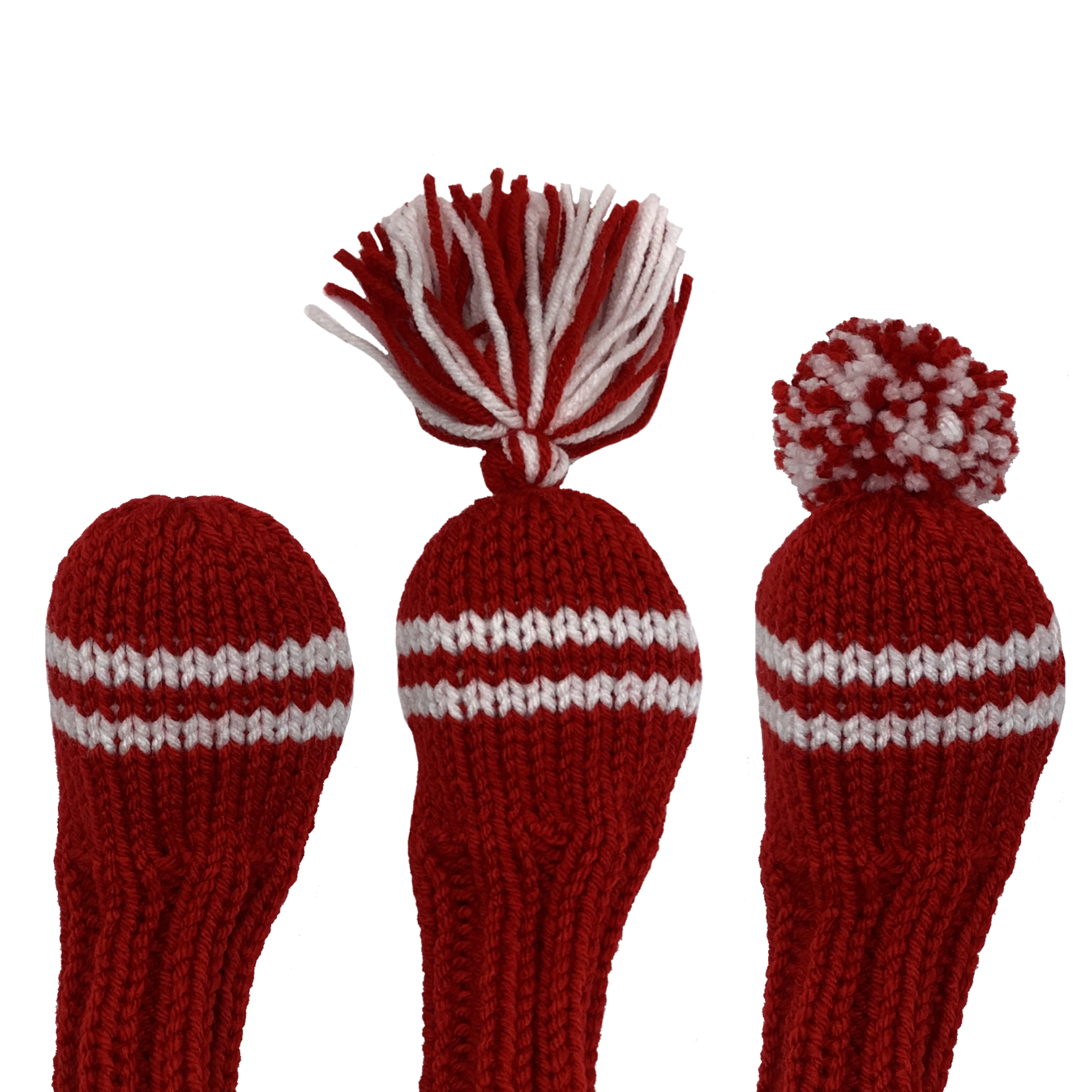 Classic style hybrid golf club headcover in red with two white stripes and a 6" shaft portion. Choose topper style: none, tassel or pom-pom.