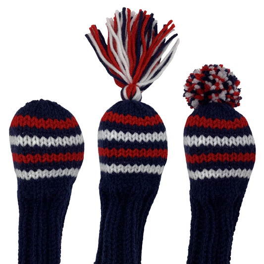 4 hybrid golf club knit headcover in navy blue with four stripes in alternating red and white and the option of adding a red, navy and white tassel or pom-pom.