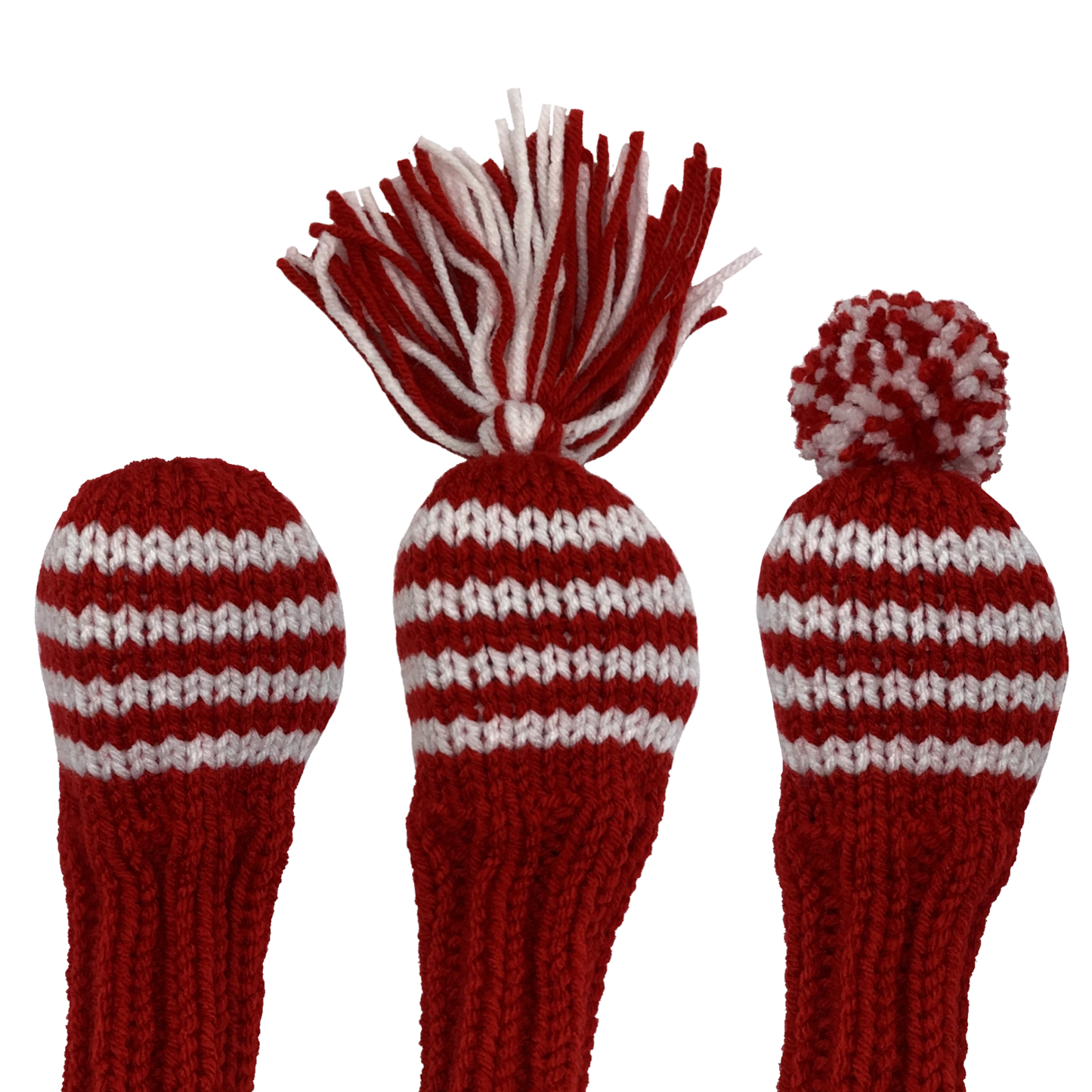 Classic style 4 hybrid golf club headcover in red with four white stripes and a 6" shaft portion. Choose topper style: none, tassel or pom-pom.