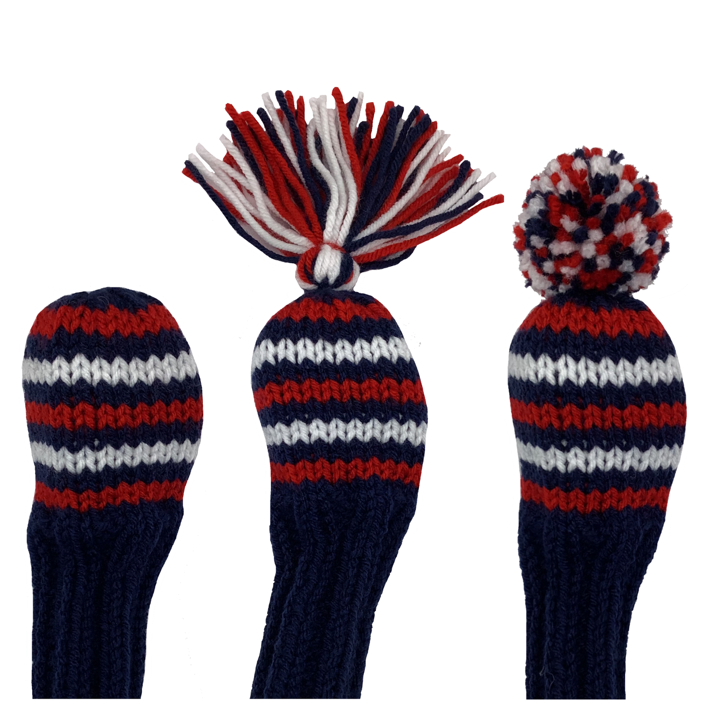 5 hybrid golf club knitted headcover in navy blue with five stripes in alternating red and white and the option of adding a red, navy and white tassel or pom-pom.