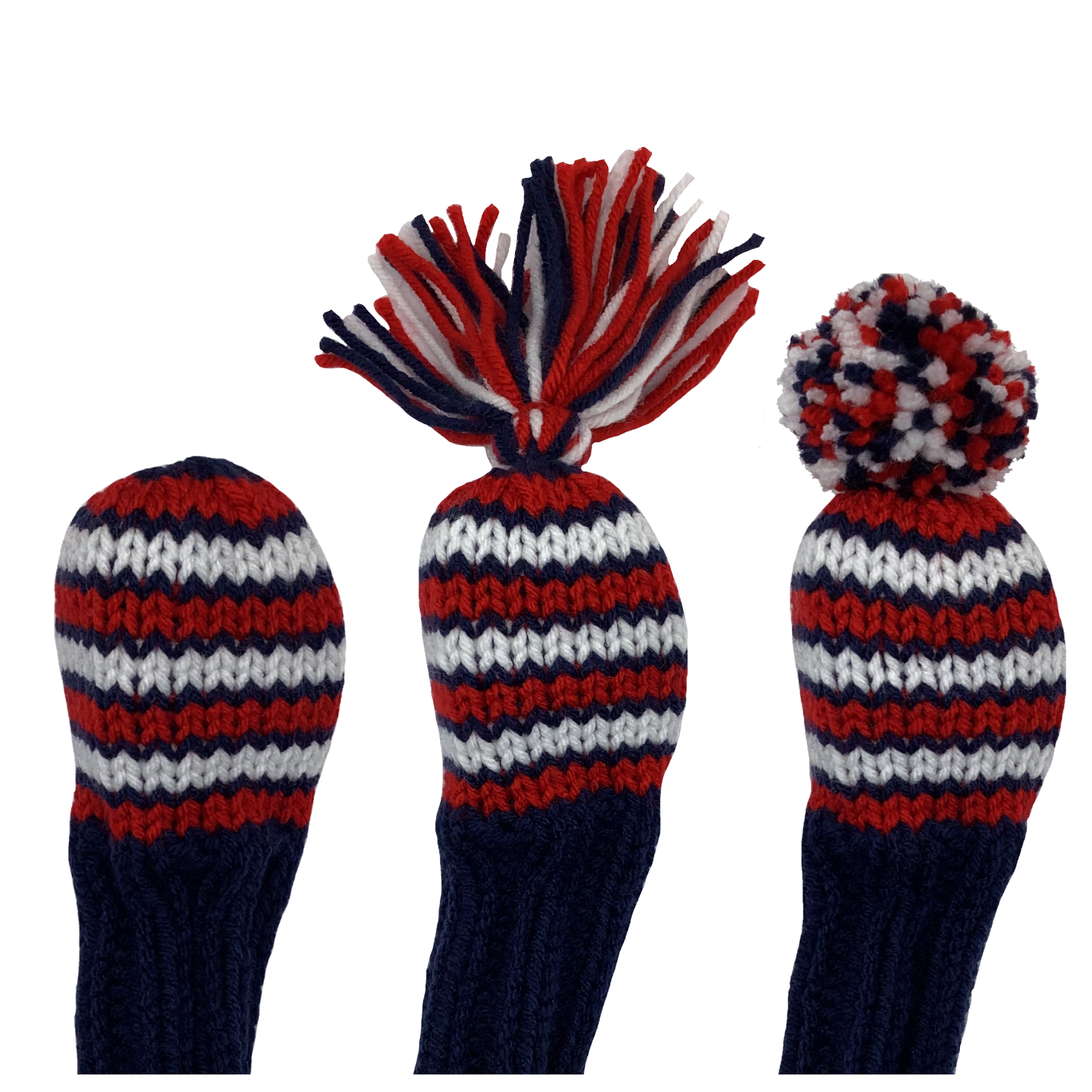 7 hybrid golf club headcover in navy blue with seven stripes in alternating red and white and the option of adding a red, navy and white tassel or pom-pom.