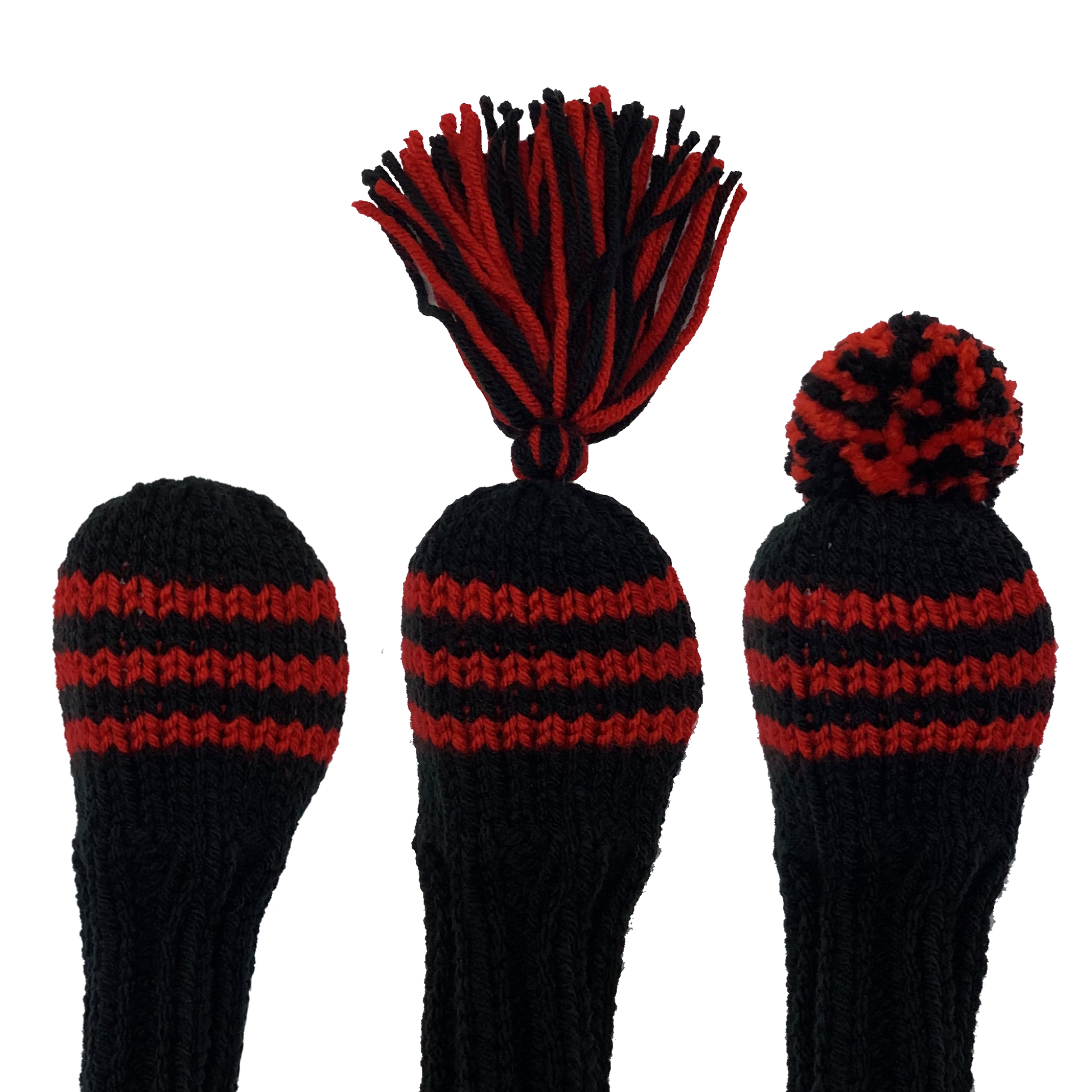 Classic style hybrid golf club headcover in black with three red stripes and a 6" shaft portion. Choose topper style: none, tassel or pom-pom.