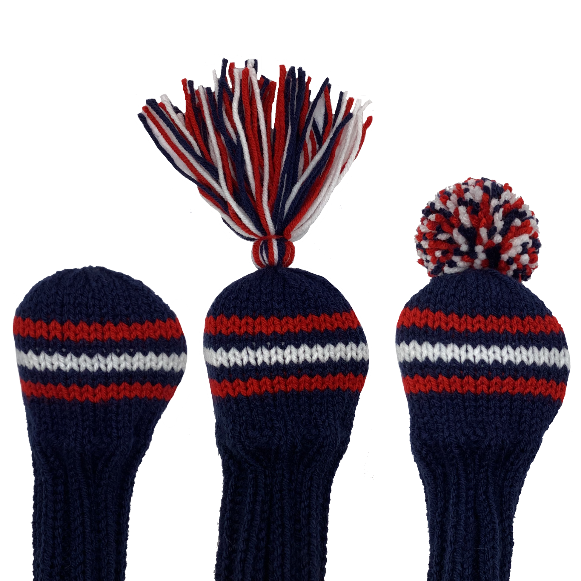 3 fairway wood golf club knitted headcover in navy blue with three stripes in red and white and the option of adding a red, navy and white tassel or pom-pom.