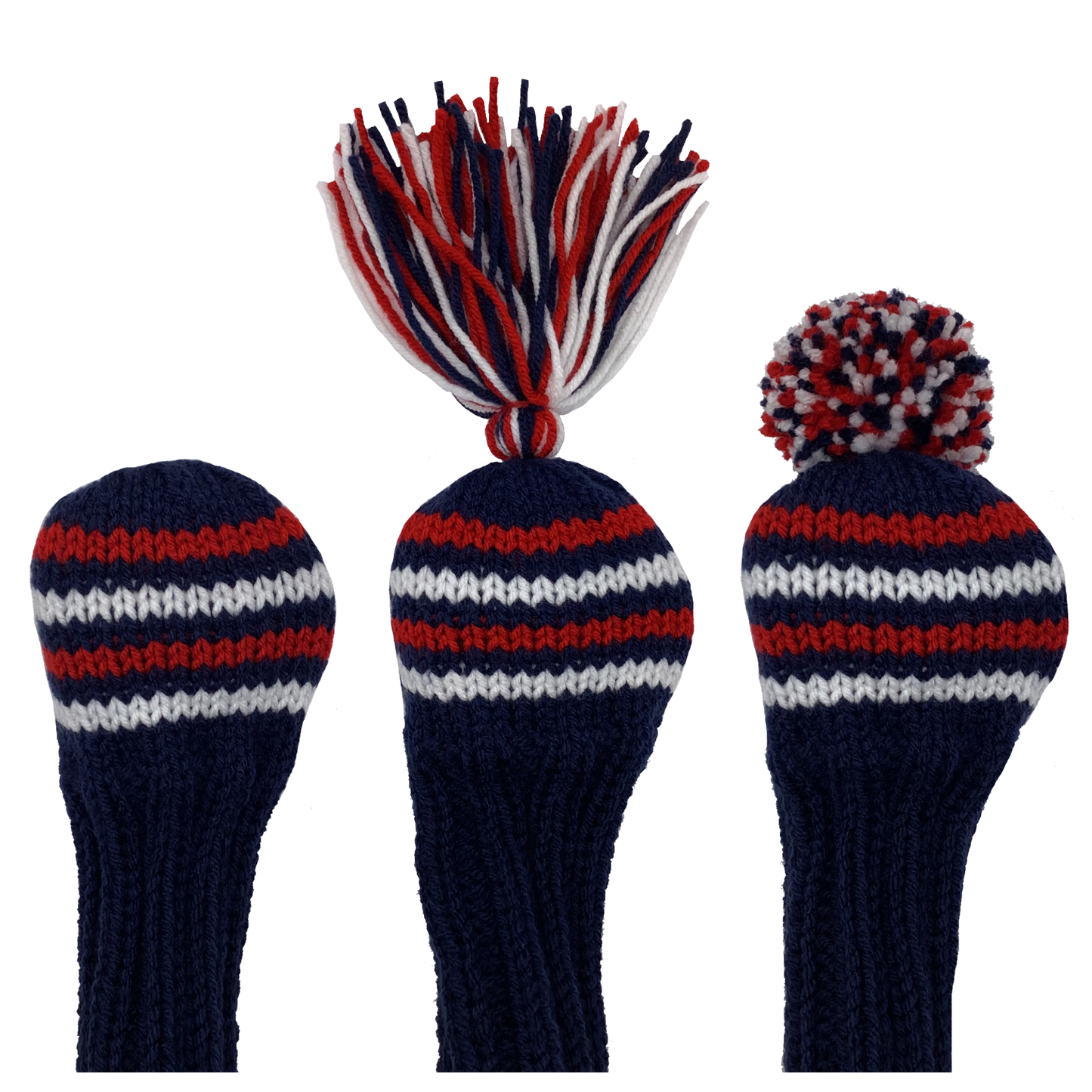 4 fairway wood golf club knitted headcover in navy blue with four stripes in red and white and the option of adding a red, navy and white tassel or pom-pom.