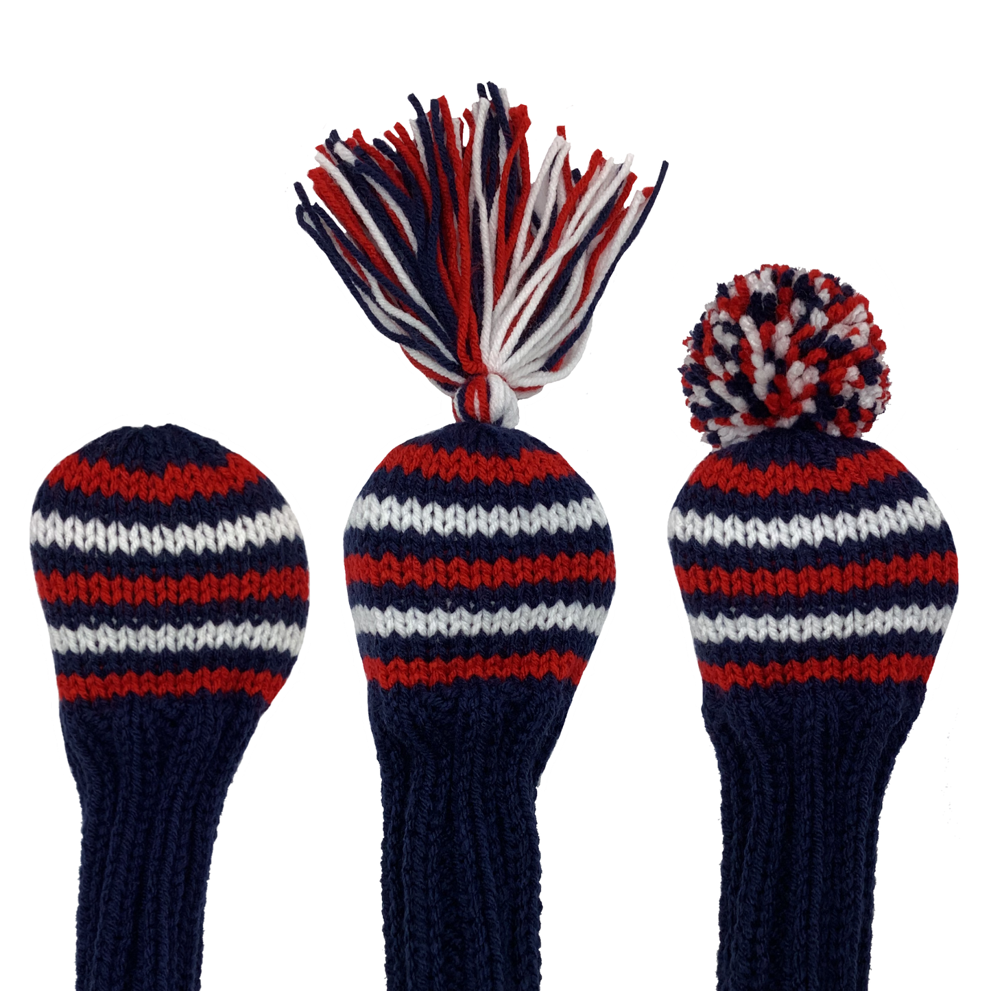 5 fairway wood golf club knitted headcover in navy blue with five stripes in red and white and the option of adding a red, navy and white tassel or pom-pom.