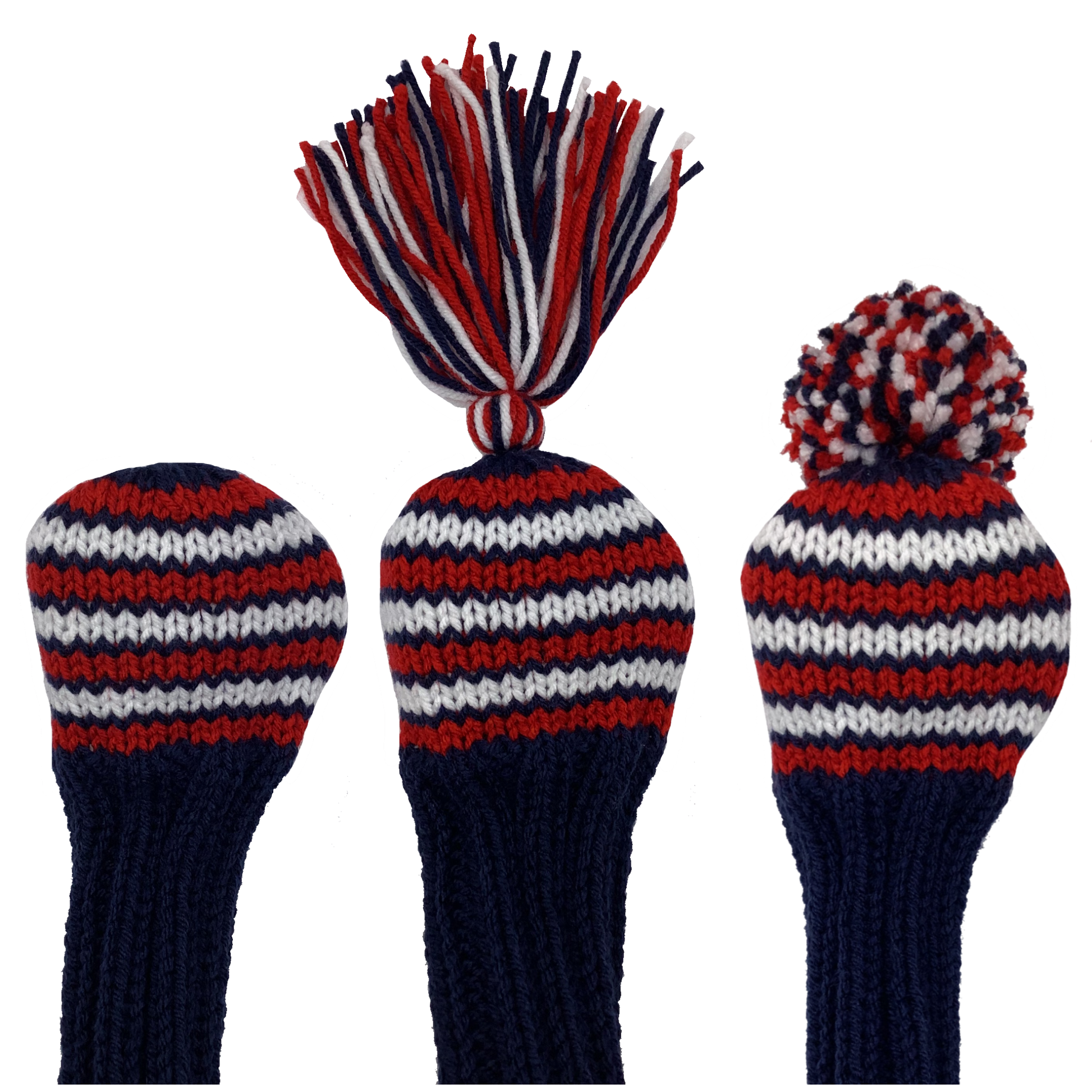 7 fairway wood golf club knitted headcover in navy blue with seven stripes in red and white and the option of adding a red, navy and white tassel or pom-pom.