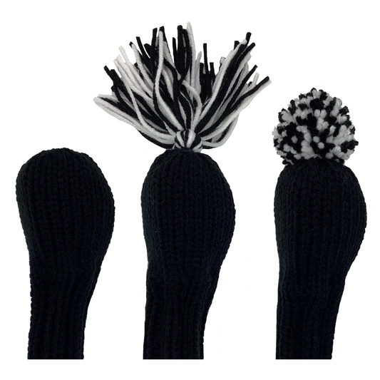 Hybrid golf club knit headcover in black and the option of adding a black and white tassel or pom-pom.