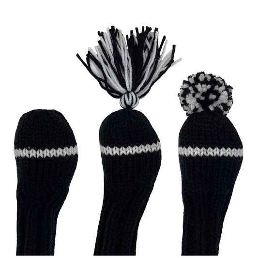 1 Hybrid golf club knit headcover in black with one white stripe and the option of adding a black and white tassel or pom-pom.