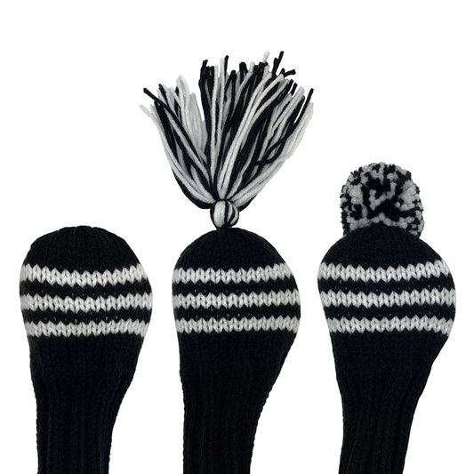 3 fairway wood golf club knit headcover in black with three white stripes and the option of adding a black and white tassel or pom-pom.