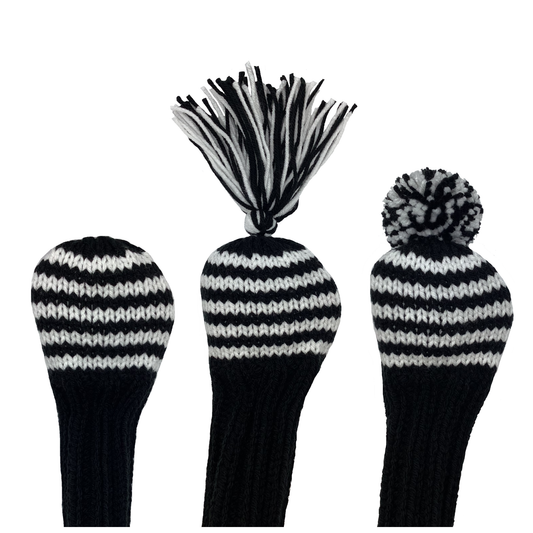 5 fairway wood golf club knit headcover in black with five white stripes and the option of adding a black and white tassel or pom-pom.