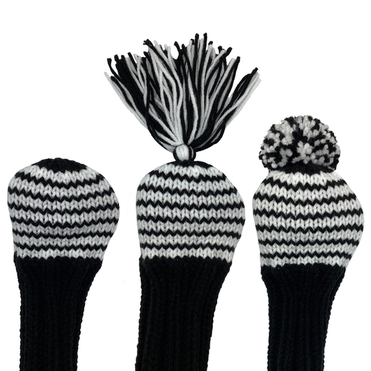 Classic style fairway wood golf club headcover in black with seven white stripes and an 8" shaft portion. Choose topper style: none, tassel or pom-pom.