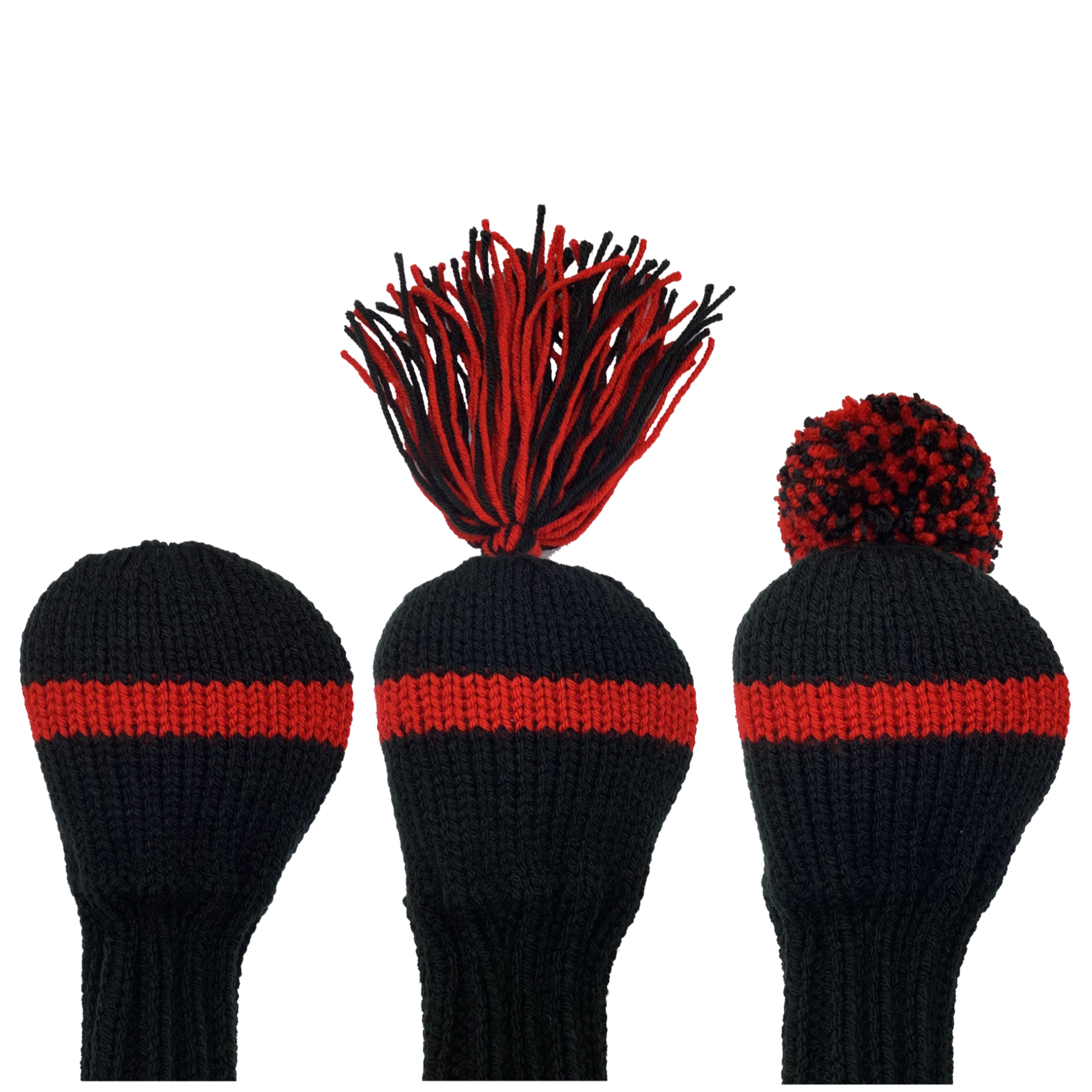 Classic style driver golf club headcover in black with one wide red stripe and a 10" shaft portion. Choose topper style: none, tassel or pom-pom.