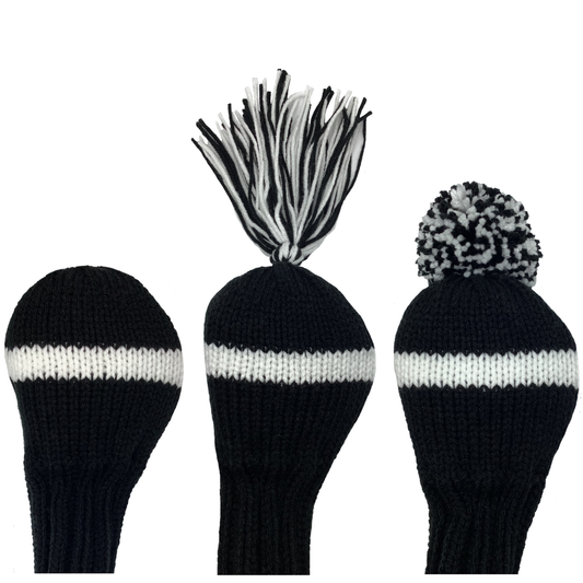 Driver golf club knit headcover in black with one wide white stripe and the option of adding a black and white tassel or pom-pom.