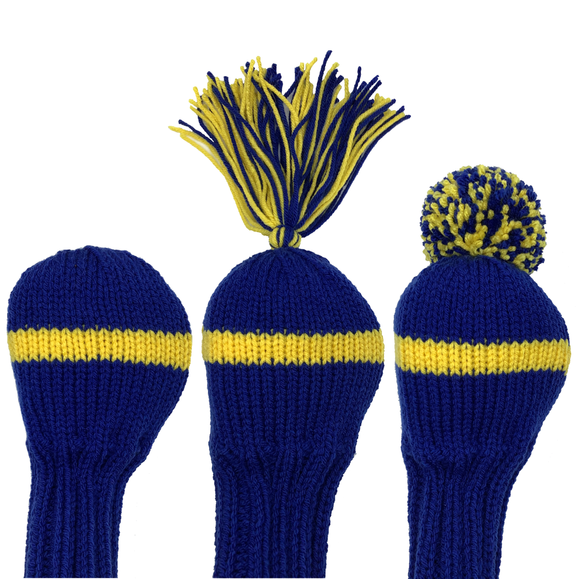 Royal blue golf club headcover with one wide yellow stripe and a matching tassel.