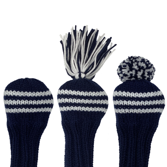 Classic style 3 fairway wood golf club headcover in navy blue with three white stripes and an 8" shaft portion. Choose topper style: none, tassel or pom-pom.