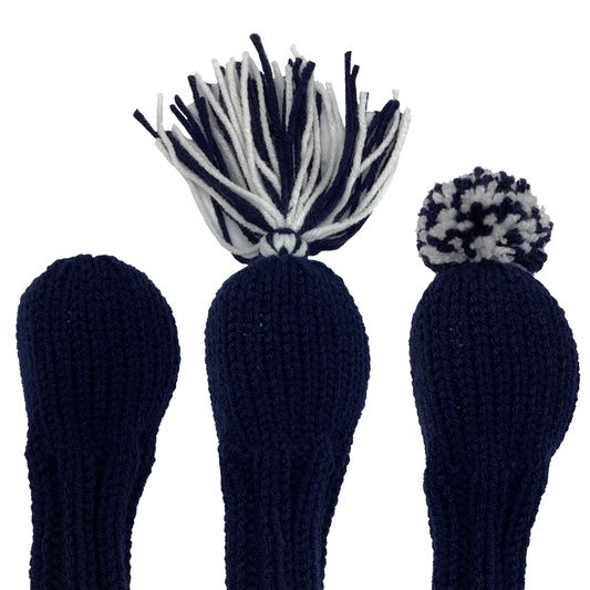 Classic style hybrid golf club headcover in navy blue with a 6" shaft portion. Choose topper style: none, tassel or pom-pom.