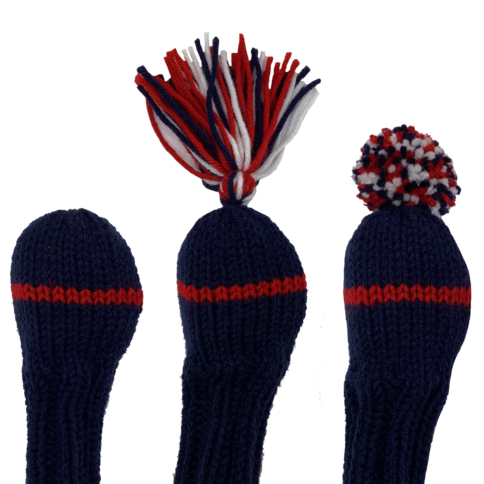 1 hybrid golf club knit headcover in navy blue with one stripe in red and the option of adding a red, navy and white tassel or pom-pom.