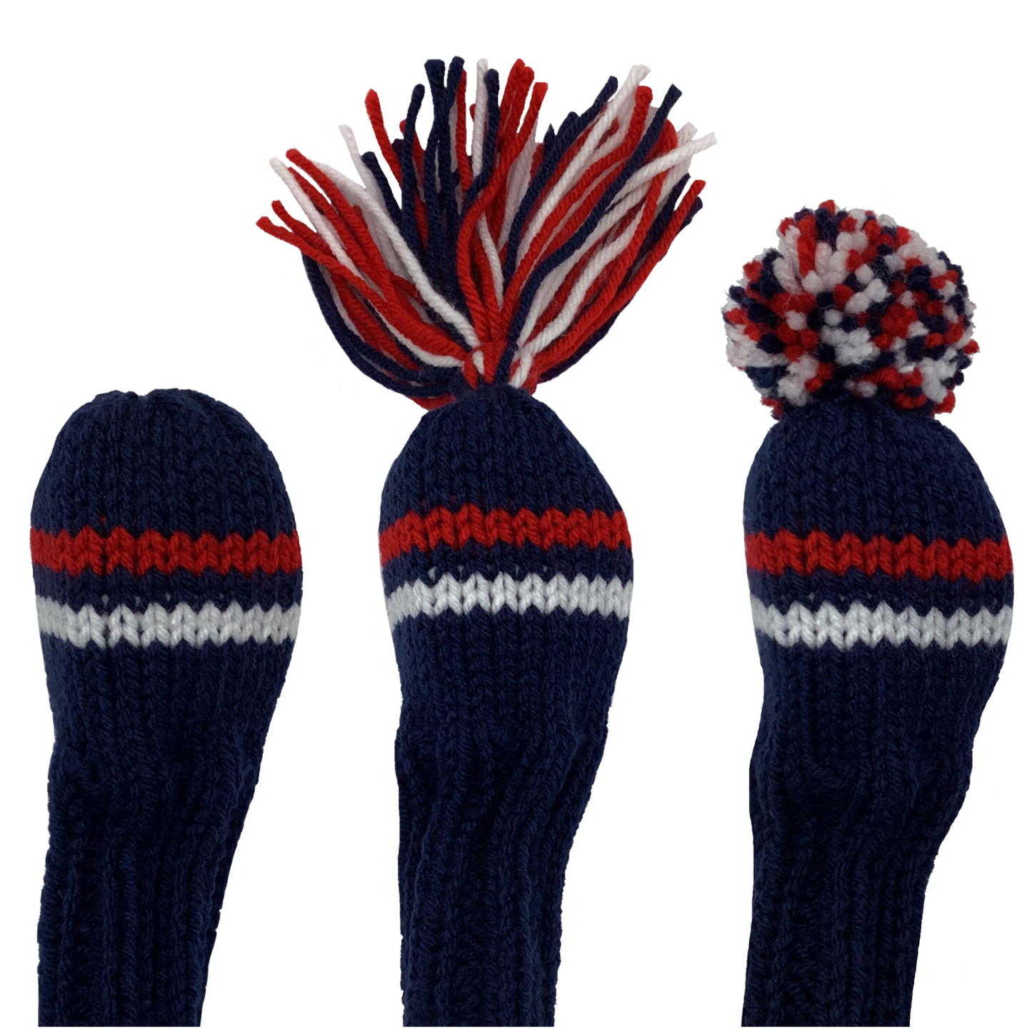 2 hybrid golf club knit headcover in navy blue with two stripes in alternating red and white and the option of adding a red, navy and white tassel or pom-pom.