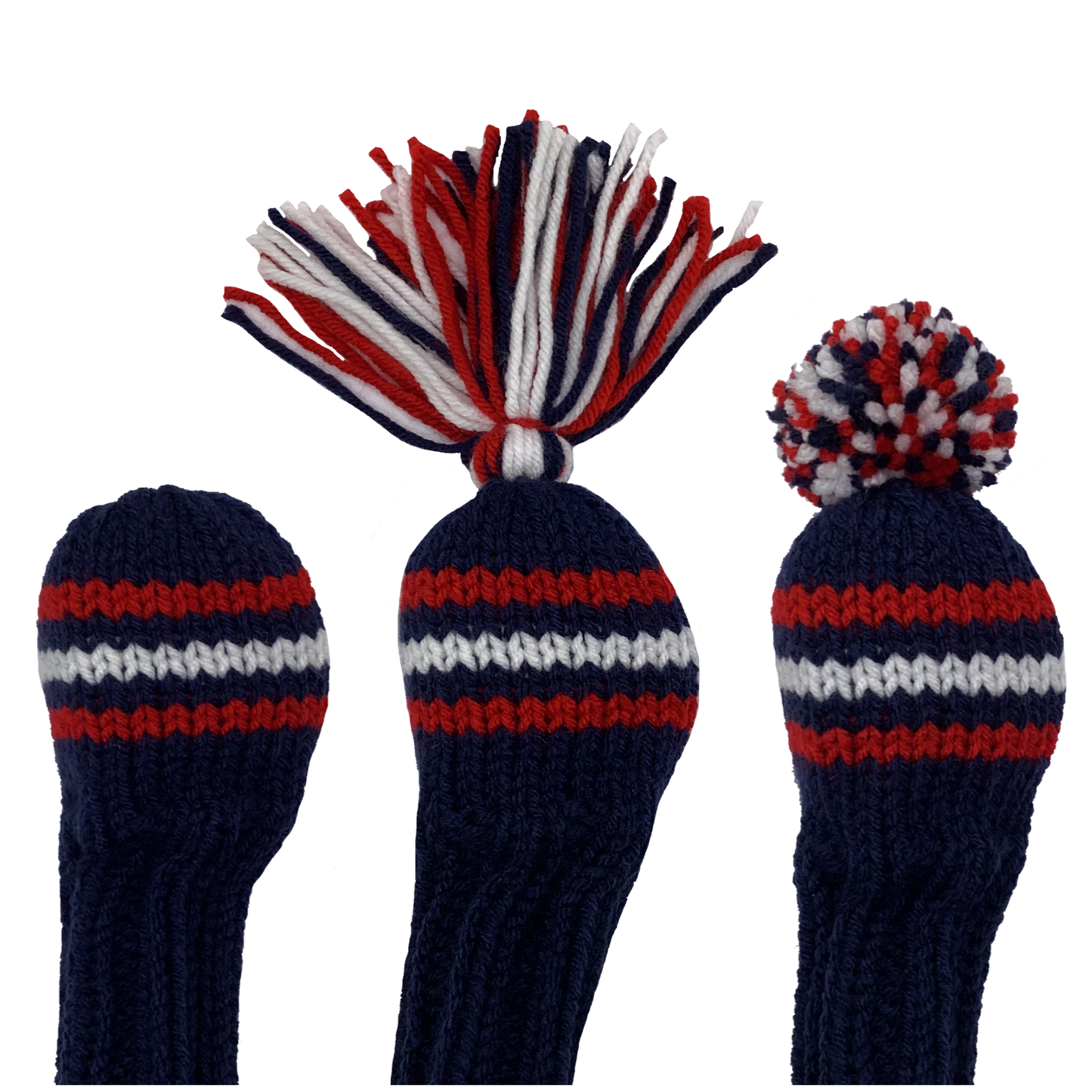 3 hybrid golf club knit headcover in navy blue with three stripes in alternating red and white and the option of adding a red, navy and white tassel or pom-pom.
