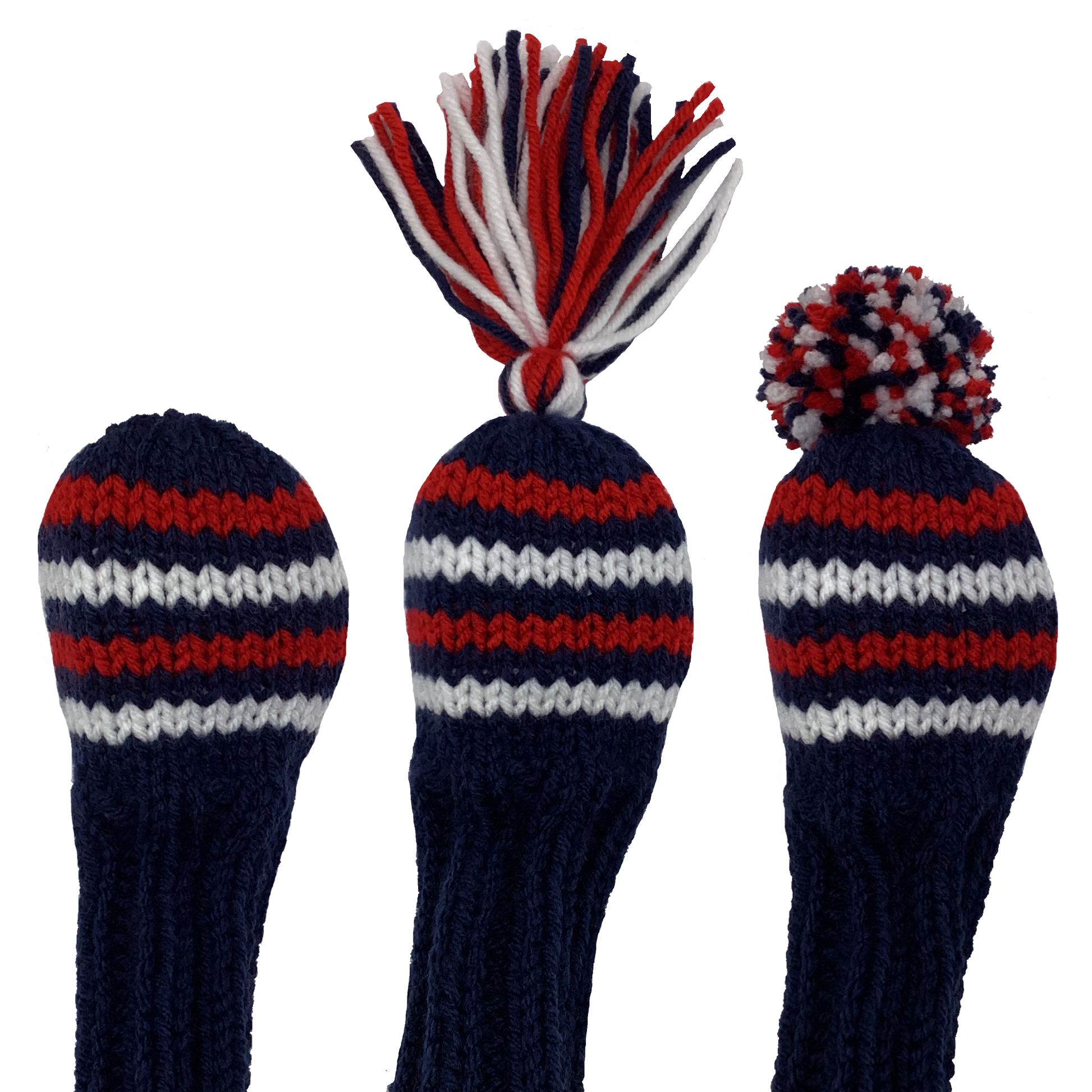 4 hybrid golf club knit headcover in navy blue with four stripes in alternating red and white and the option of adding a red, navy and white tassel or pom-pom.