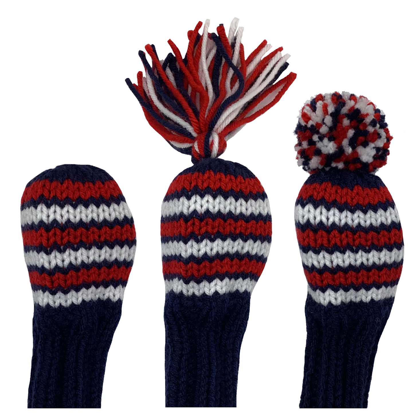 6 hybrid golf club knit headcover in navy blue with six stripes in alternating red and white and the option of adding a red, navy and white tassel or pom-pom.