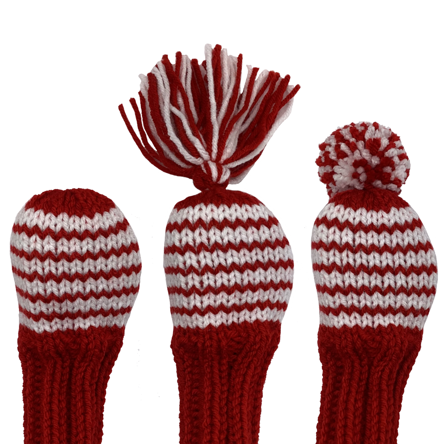 Classic style 6 hybrid golf club headcover in red with six white stripes and a 6" shaft portion. Choose topper style: none, tassel or pom-pom.