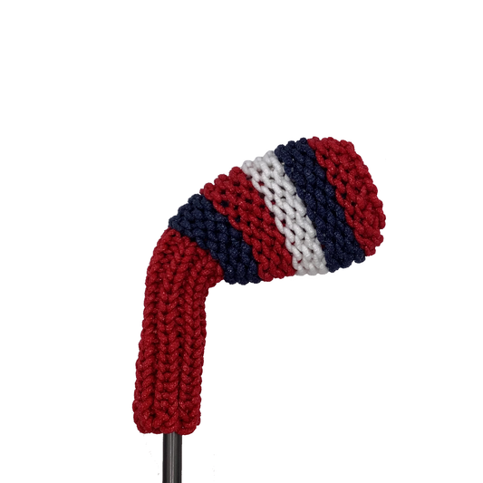 Clean Shot™ iron golf club headcover in red with red, navy blue and white large size stripes. Perfect for a wedge or other iron.