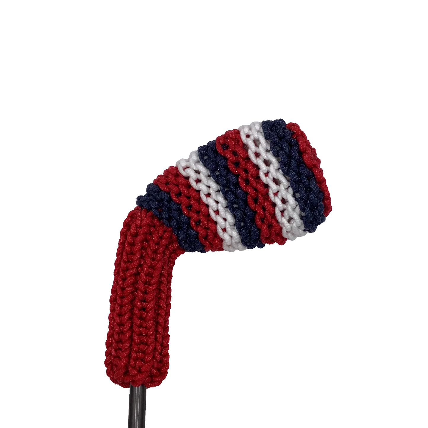 Clean Shot™ iron golf club headcover in red with red, navy blue and white medium size stripes. Perfect for a wedge or other iron.