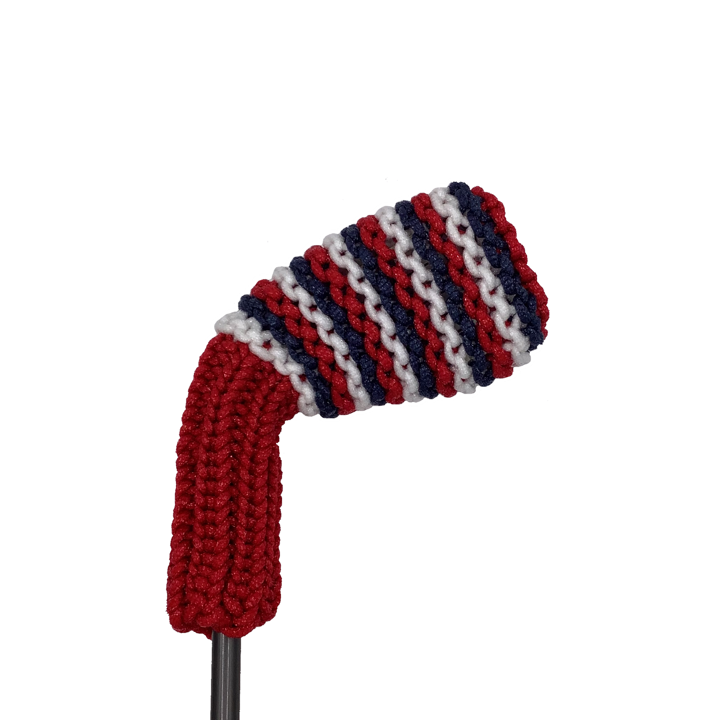 Clean Shot™ iron golf club headcover in red with red, navy blue and white small size stripes. Perfect for a wedge or other iron.